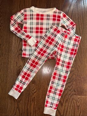 Size 8/M Old Navy Christmas pajamas. Off-white, green and red plaid.